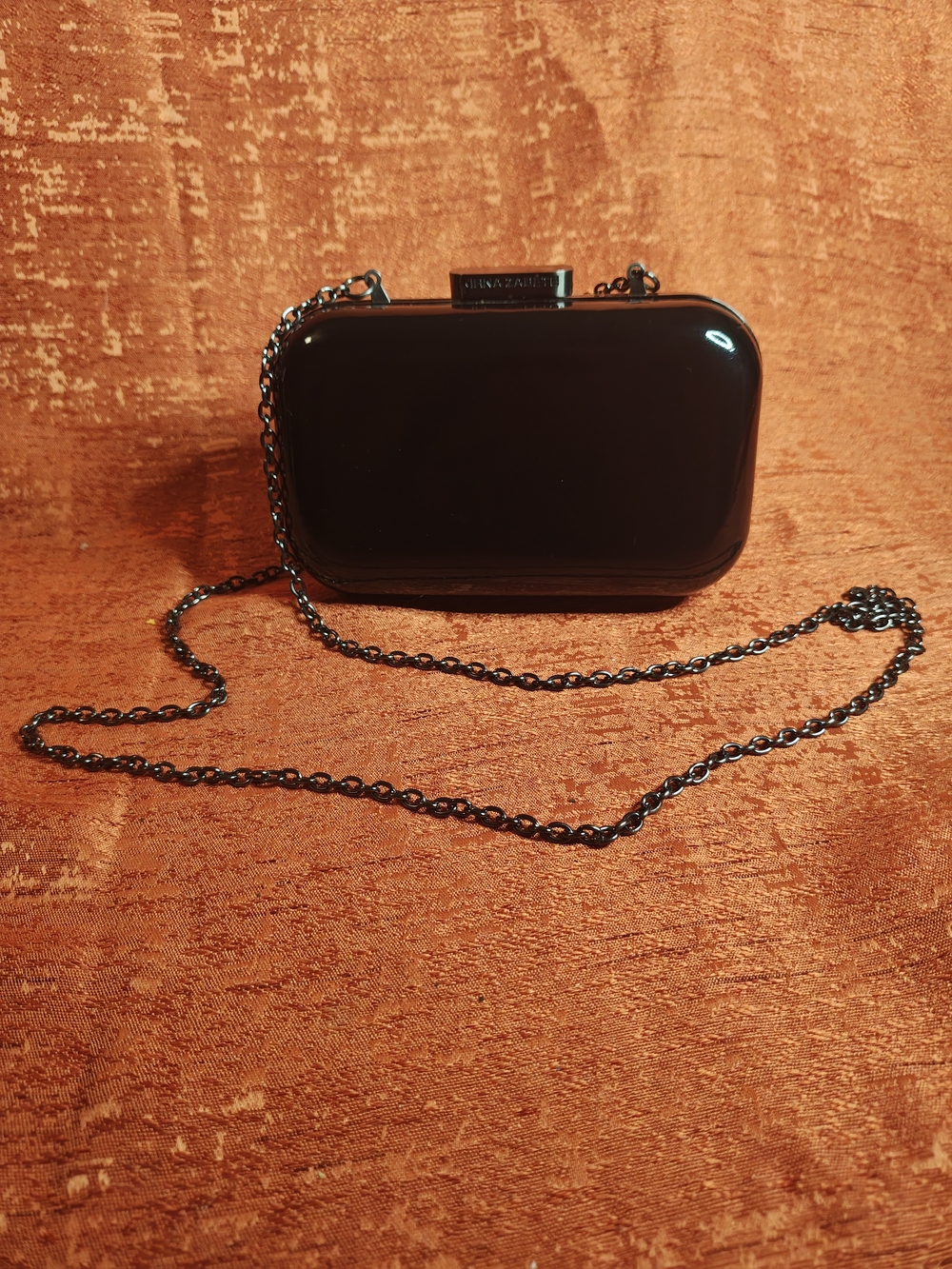 Kirna Zabete Black Patent Hard Case Clutch Chain Strap Clasp Lined Small